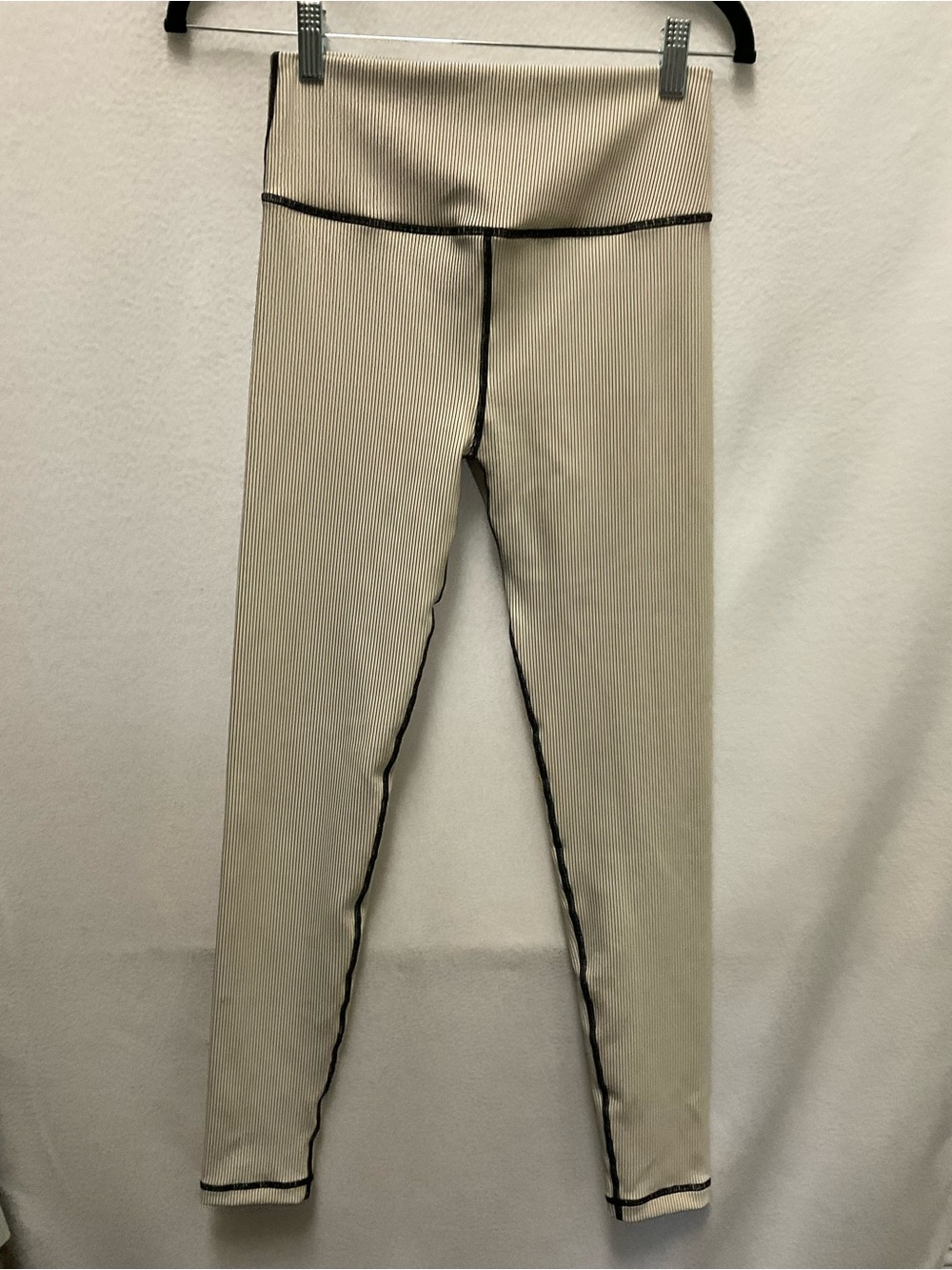 Zulu & Zephyr Ribbed High-Waist Leggings in Cream with Black Stripes